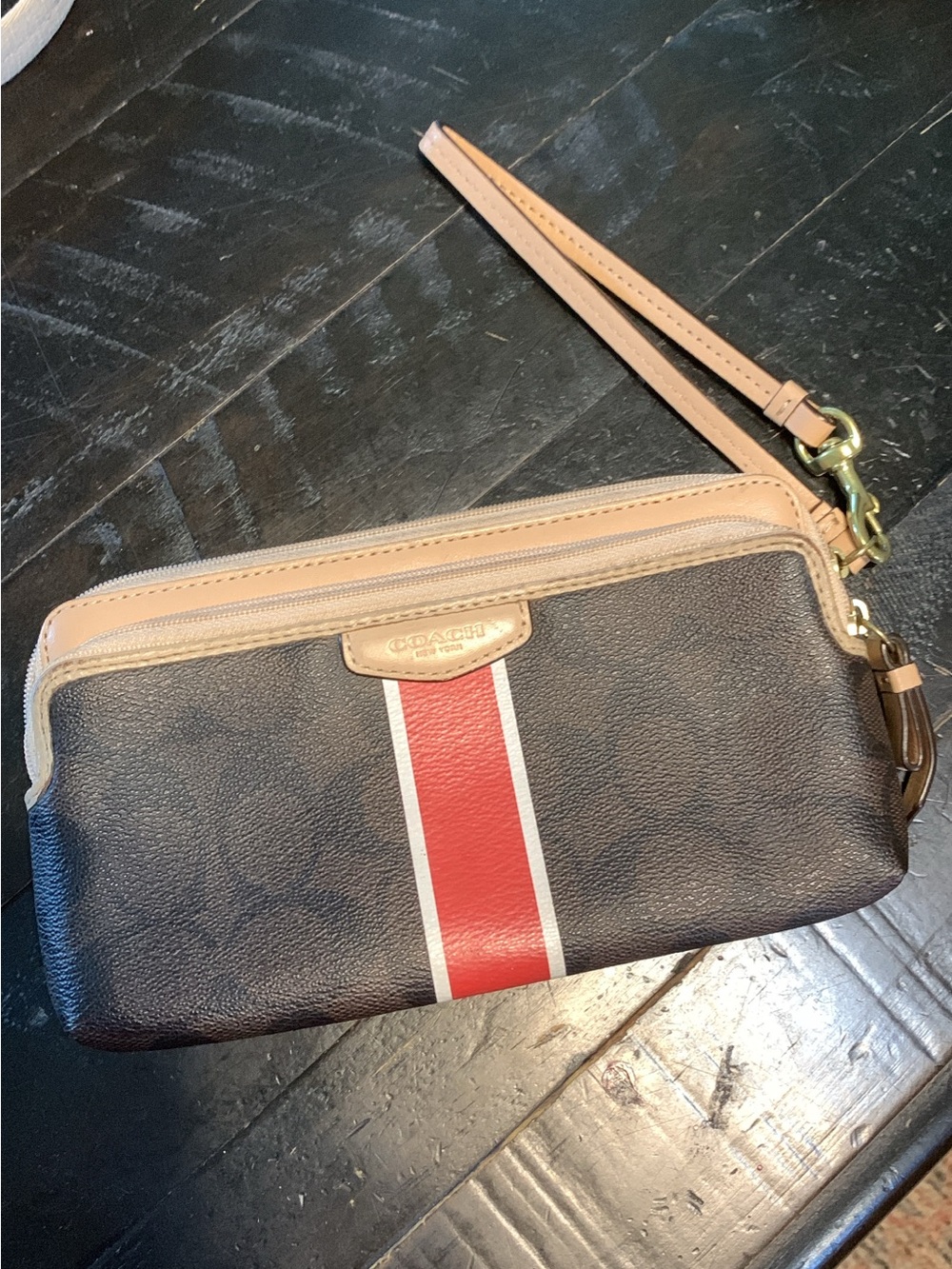Coach Brown and Red Signature Stripe Wristlet